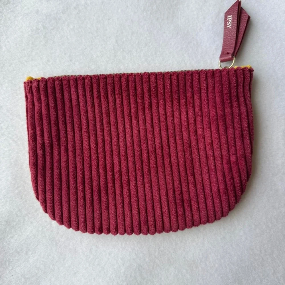 Ipsy Corduroy Makeup Bag Yellow burgundy Pleasted Zip Cosmetic pouch
